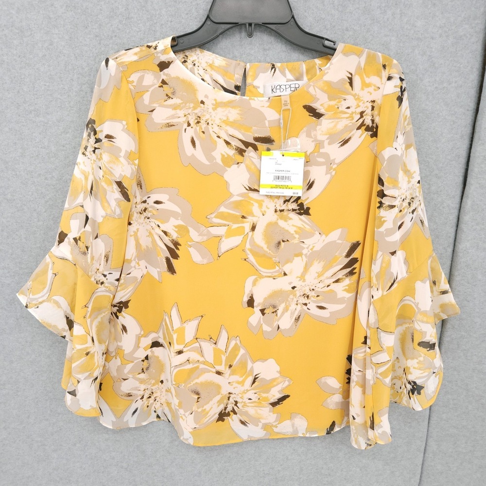 Kasper Ruffle Sleeve Yellow Floral Pullover Blouse Womens Petite Size PM NWT